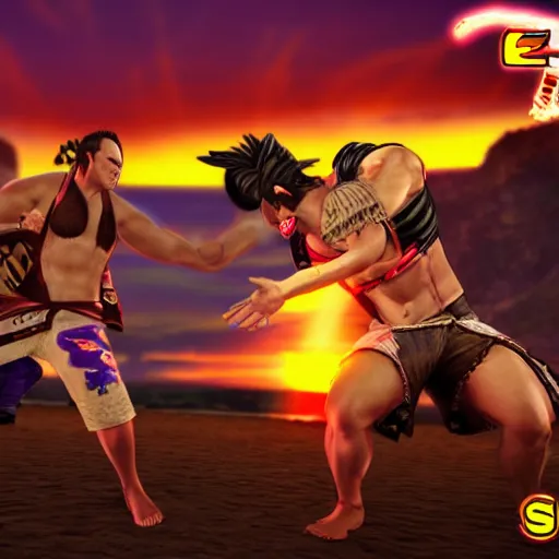 Prompt: Sunset casino beach tekken battle KO esports brutal tekken fight arcade battle in game graphics