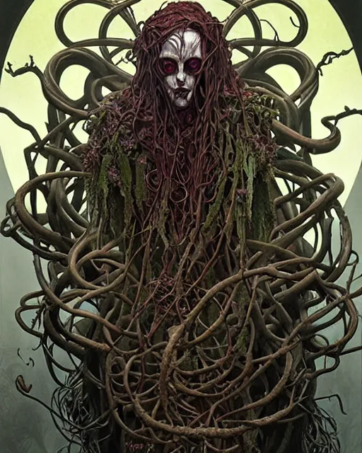 Image similar to the platonic ideal of flowers and roots of cletus kasady ultimate carnage dementor doctor doom gorgon chtulu nazgul, medusa detailed, intricate, hyperrealism, intense, scary, decay, dmt, art by brock hofer and artgerm and greg rutkowski and alphonse mucha