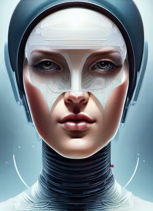 Prompt: portrait of female android, symmetry, intricate, elegant, highly detailed, smooth, sharp focus, concept art, digital painting, illustration, artstation, by fra angelico, sandra chevrier and greg ruthkowski