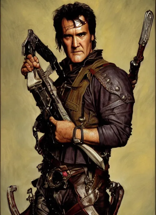 Image similar to bruce campbell as snake plisken. fantasy concept art. moody epic painting by james gurney, norman rockwell and alphonso mucha. artstationhq. painting with vivid color. ( dragon age, witcher 3, arcane, lotr )