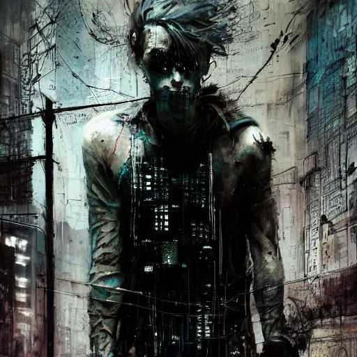 Image similar to screaming cyberpunk, lost in a dark machine city, wires, machines by emil melmoth zdzislaw belsinki craig mullins yoji shinkawa realistic render ominous detailed photo atmospheric by jeremy mann francis bacon and agnes cecile ink drips paint smears digital glitches glitchart