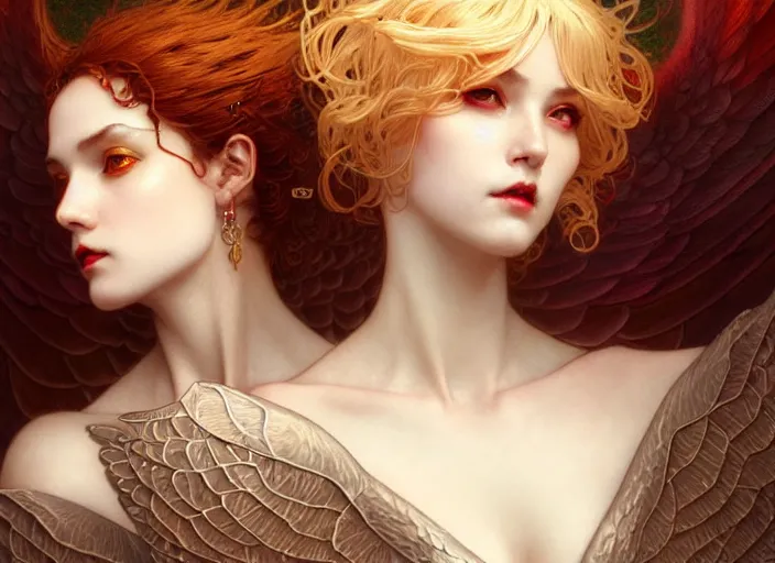 Image similar to portrait of demonic woman and angelic woman, confident pose, pixie, genshin impact, intricate, elegant, sharp focus, soft bokeh, illustration, highly detailed, concept art, matte, trending on artstation, bright colors, art by wlop and artgerm and greg rutkowski, mucha, giger, marvel comics