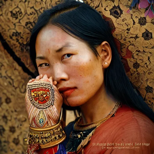 Image similar to vintage portrait of a stunningly beautiful asian tribal female, depth of field, zeiss lens, detailed, symmetrical, centered, fashion photoshoot, by edward s curtis, Annie Leibovitz and Steve McCurry, David Lazar, Jimmy Nelsson, Breathtaking, 8k resolution, extremely detailed, beautiful, establishing shot, artistic, hyperrealistic, beautiful face, octane render