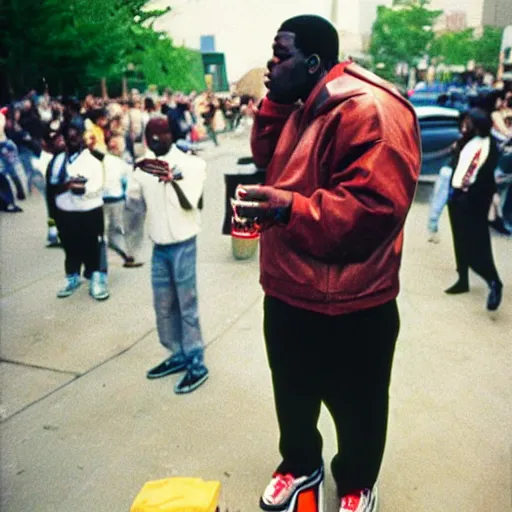 Prompt: the notorious big in brooklin, street concert, 1 9 9 4, kodachrome photograph, 5 0 mm lens