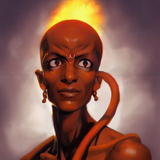 Prompt: greg manchess portrait painting of dhalsim from street fighter spitting fire as overwatch character, medium shot, asymmetrical, profile picture, organic painting, sunny day, matte painting, bold shapes, hard edges, street art, trending on artstation, by huang guangjian and gil elvgren and gerald brom