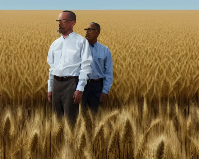 Image similar to extreme long shot of walter white and gustavo fring stand facing each other from a distance in a wheat field, low angle, side view, 3 5 mm photograph, 8 k resolution, wide shot, sharp lens