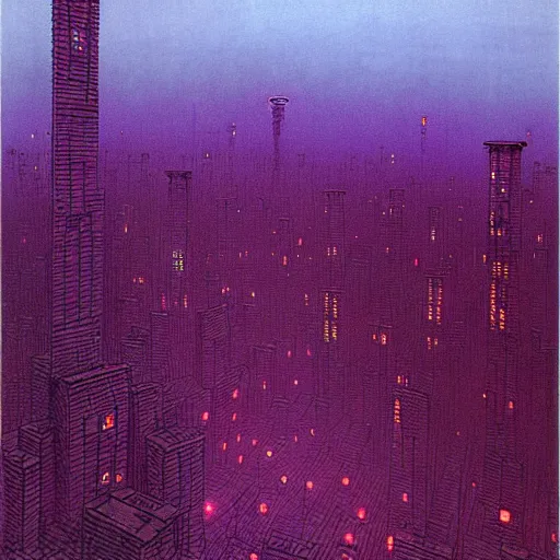 Image similar to purple cyberpunk city, by Beksinski and Hokusai