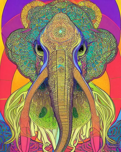 Image similar to Elephant head art surrounded by varities of pineapple, cell shading, voronoi, fibonacci sequence, sacred geometry by Alphonse Mucha, Moebius, hiroshi yoshida, Art Nouveau, colorful, ultradetailed, vivid colour, 3d