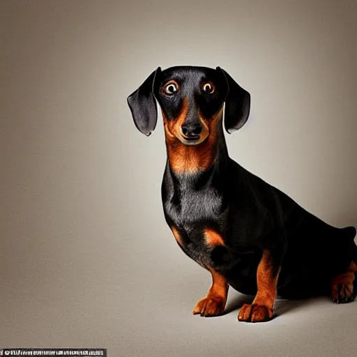 Image similar to sausage dog squinting at the viewer with a knowing look in its eyes, low quality, centered