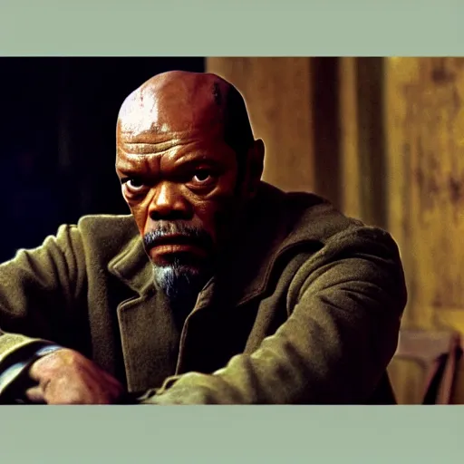 Image similar to film by tarkovsky, stalker style, pulp fiction movie, highly detailed, photorealistic, full - body, samuel l jackson posing in cafe, perfect symmetrical eyes, 8 k resolution, digital art, hyper realistic