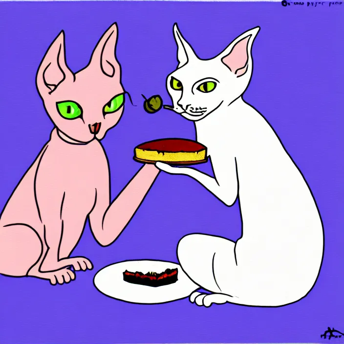 Prompt: an anthropomorphic sphynx cat eating blueberry pie, deviantart, furry, low quality, ms paint