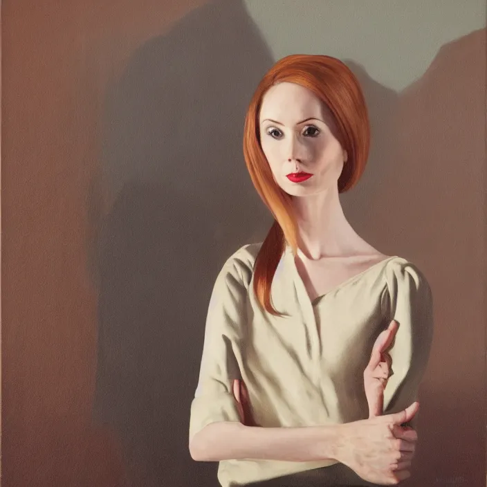 Image similar to a portrait of karen gillan, slight smile, dramatic, dark background, by mel ramos, by neale worley, by lizzie riches