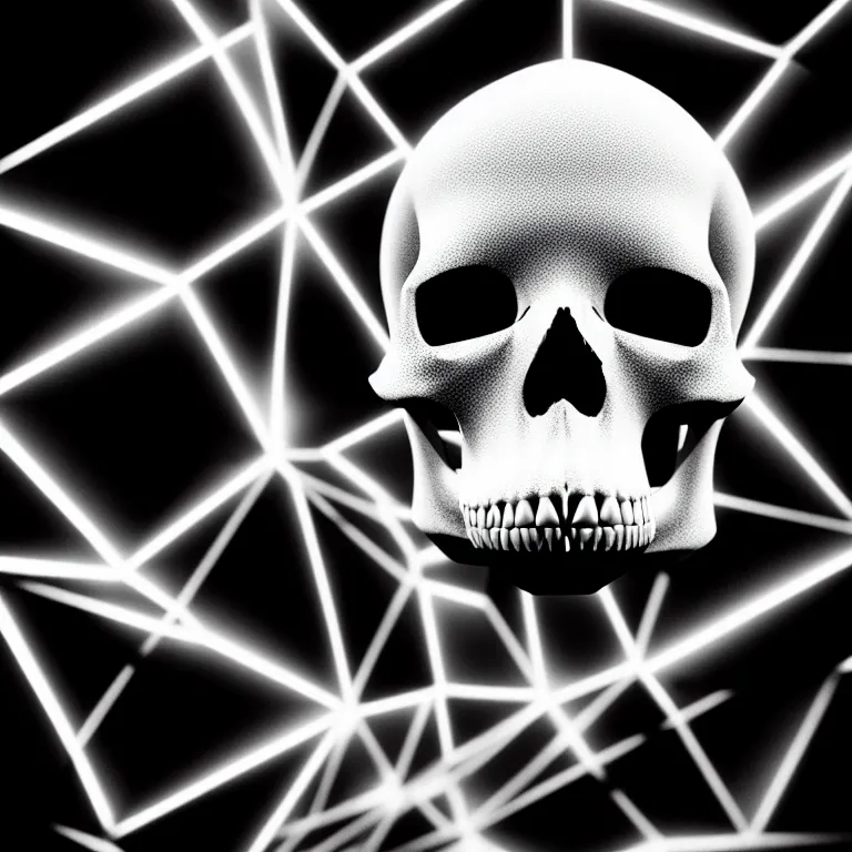 Image similar to black and white light 3D geometry, skull, matte bright highly detailed, poetic, 3D render, digital art, octane render, 8K artistic photography, photo-realistic, by Dora Maar