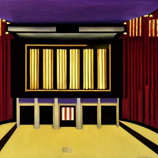 Prompt: art deco movie theater palace, dramatic light, painting by charles sheeler