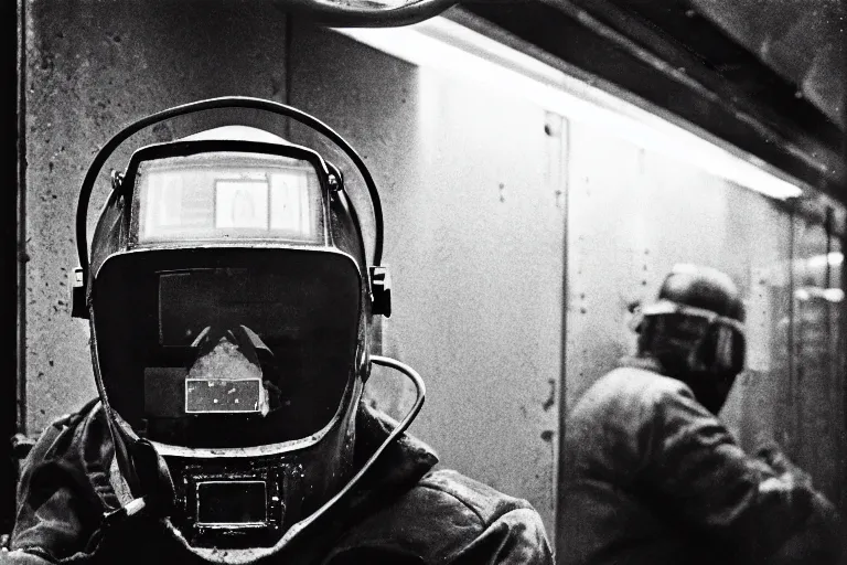 Prompt: close-up of Welder in welding mask in a subway, by Richard Avedon, tri-x pan stock