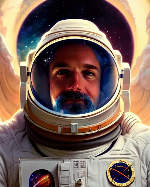 Image similar to portrait of zeus as an astronaut, intricate, highly detailed, digital painting, artstation, concept art, smooth, sharp focus, illustration, art by artgerm and greg rutkowski and alphonse mucha