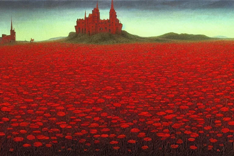 Image similar to only with red, red flowers of different types, a castle in the background, red orcs and trolls dance over the flowers, in the style of beksinski, part by hopper, part by rodcenko, part by hofbauer, intricate composition, red by caravaggio, insanely quality, highly detailed, masterpiece, red light, artstation, 8 k