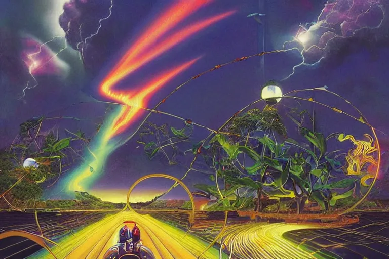 Prompt: the stormtime of the passionfruit station, art by frank hampson and shusei nagaoka, trending on artstation, iridescent black lighting rear view symbolism, figurativism, trending on instagram, gothic, formalism