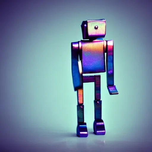 Image similar to iridescent metal retro robot made out of simple geometric shapes. tilt shift photography. award winning