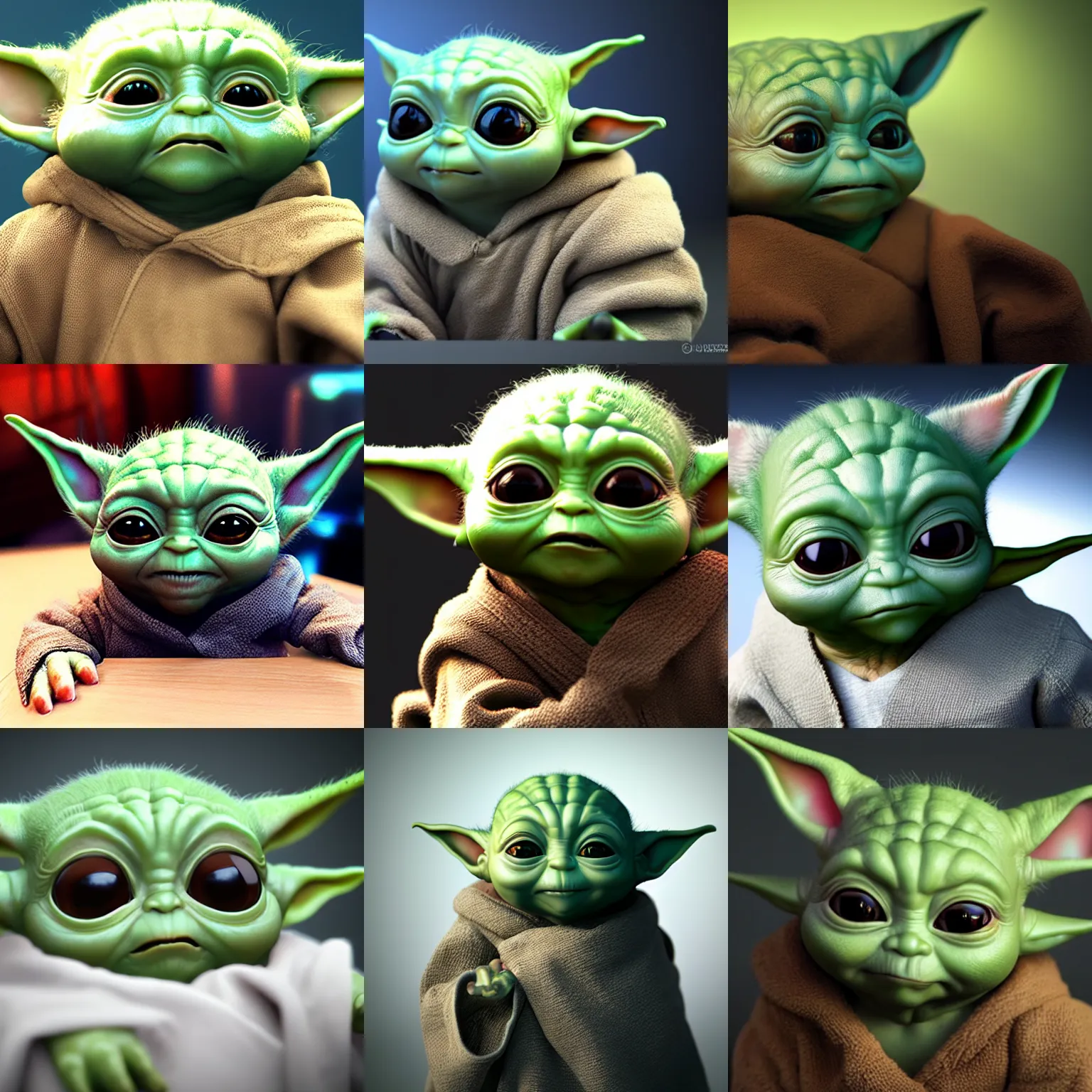 Prompt: unreal engine 5 quality render, studio lighting, bright studio setting, photorealistic portrait, crisp quality and light reflections, highly detailed, still photo of baby yoda