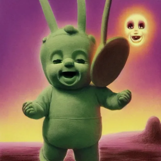 Image similar to The Teletubbies go to Hell, psychedelic art, demonic, fullbody, artstation, dark fantasy, concept art, horror, evil, smooth, sharp focus, illustration, art by greg rutkowski and orientalism and bouguereau and Zdzislaw Beksinski, good clear quality, lighting, biology, symmetrical artwork, perfect face, 135 mm, cinematic, hyper realism, high detail, octane render, 8k, chrome accents