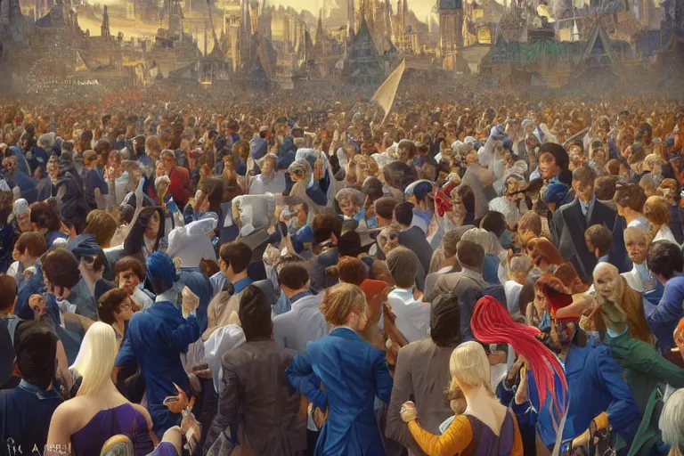 Image similar to a crowd throwing swords at a blond man in a blue suit, surrounded by a crowd, intricate, elegant, ultra realistic illustration, highly detailed, digital painting, artstation, concept art, smooth, sharp focus, illustration, art by artgerm and greg rutkowski and alphonse mucha