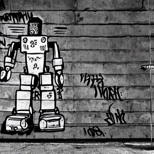 Image similar to chappie robot graffiti, black and white zef design graffiti on the wall, dark lighting, digital art