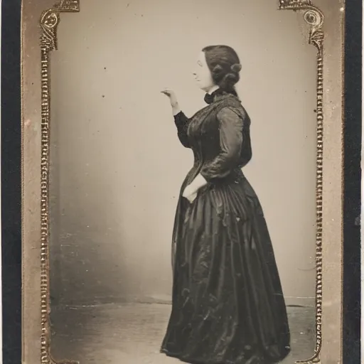 Prompt: a studio photo from 1860 of an Edwardian era dressed lady, full figure, 8mm,