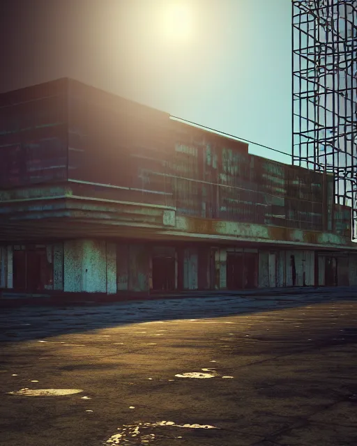 Prompt: a beautiful photorealistic render of store city urbex architecture unfinished building building by alejandro aravena, retro vaporwave sunlight fisheye alien thermal vision sunset at dawn, archdaily, wallpaper, highly detailed, trending on artstation.