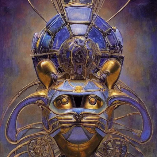 Image similar to masterpiece sculpture of an ornate mechanical robot cat head, by annie swynnerton and diego rivera and nicholas roerich and jean delville, symbolist, dramatic lighting, god rays, elaborate geometric ornament, art brut, soft colors, smooth, sharp focus, extremely detailed, adolf wolfli and ( donato giancola )