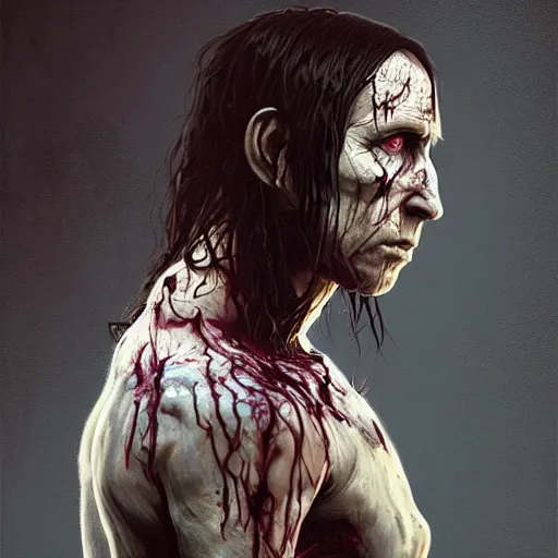 Image similar to young trent reznor as a zombie with shoulder length hair, 7 days to die zombie, realistic proportions, fine art, award winning, intricate, elegant, sharp focus, cinematic lighting, digital painting, 8 k concept art, art by brom, art by guweiz and z. w. gu, art by michael hussar, 8 k