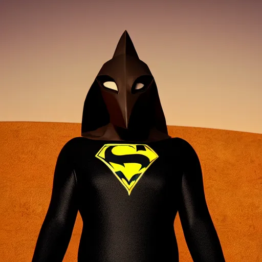 Prompt: aardvark superhero, dark brown leather duster, black domino mask, 3 d model, dusty wind in background, sunset, ultra realistic, unreal engine, yellowish light, deep shadows, artstation, 4 k