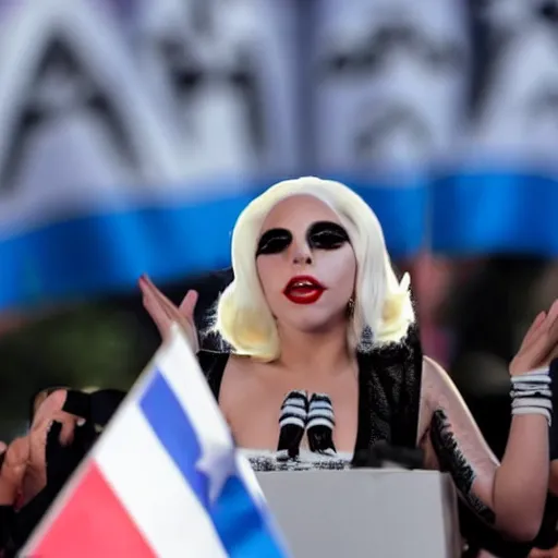 Image similar to Lady Gaga as president, Argentina presidential rally, Argentine flags behind, bokeh, giving a speech, detailed face, Argentina