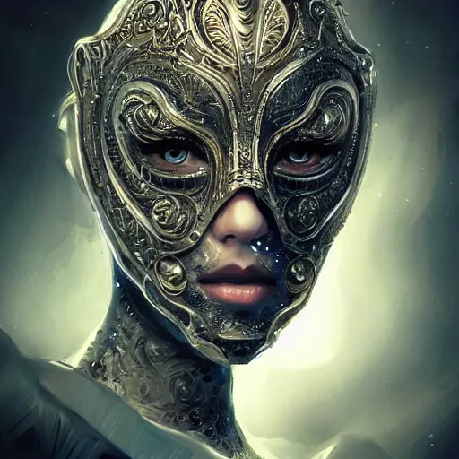 Image similar to Very very very very highly detailed epic photo of face with venetian mask, intricate, dystopian, sci-fi, extremely detailed, digital painting, artstation, concept art, smooth, sharp focus, illustration, intimidating lighting, incredible art by Artgerm and Anton Pieck