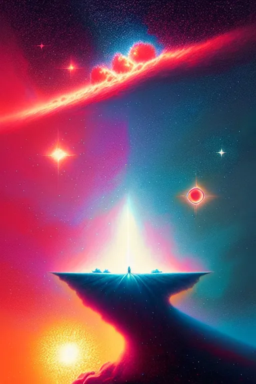 Image similar to standing on the shoulders of giants, celestial collision, birth of a star by christopher balaskas and john harris and dan mumford, hyperrealistic, high detail, ultra detailed, space, nebula, sharp focus, stellar formation, astronomy, science