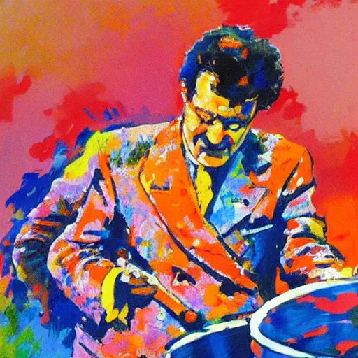 Prompt: painting of gene krupa playing a drum solo, by leroy neiman, hd, detailed, award winning