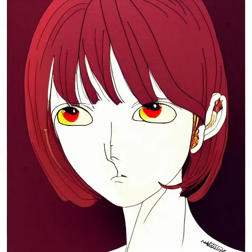 Image similar to prompt: Fragile looking flat colors portrait face drawn by Katsuhiro Otomo and Suehiro Maruo, inspired by Paprika anime, animation clean film, magical and alchemical objects on the side, soft light, white background, intricate detail, intricate ink painting detail, sharp high detail, manga and anime 2000