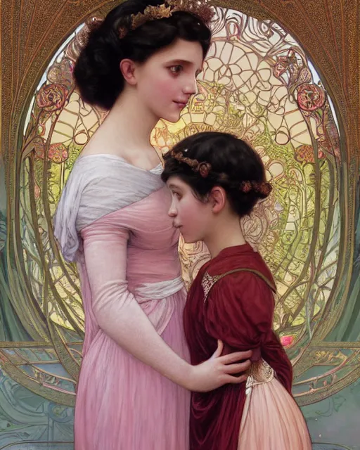 Image similar to a beautiful painting of a shy, blushing princess in a tiara and an iridescent art nouveau gown resembling millie bobby brown watching the lantern festival, intricate, elegant, highly detailed, digital painting, artstation, concept art, by krenz cushart and artem demura and william adolph bouguereau and alphonse mucha