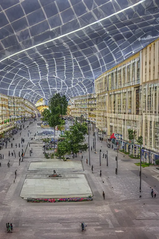 Image similar to Yakub Kolas Square in the city of Minsk, Belarus, view of the 4th Big Hall and the underground descent into the metro from two sides, summer, cloudy, beautiful, photorealistic, perfect, photo kodak 35mm colored, 8K, high quality, 8k resolution, 4K, detailed, high details, Super-high quality, hyperdetailed, Hyperrealistic