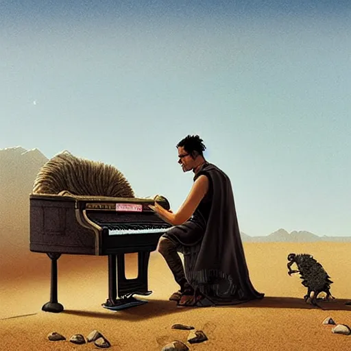 Prompt: UHD photorealistic Frankenstein playing piano in the desert by Greg Rutkowski