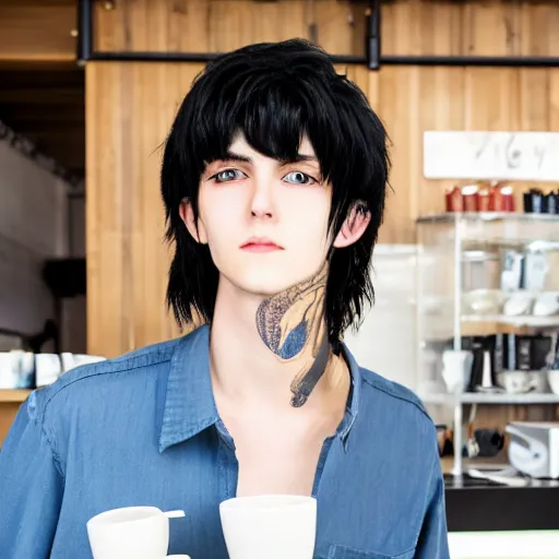 Prompt: a tall anime boy with black hair, blue eyes and piercings working at a café, detailed