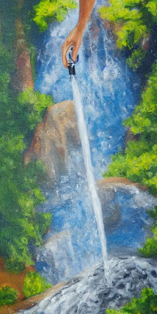 Prompt: water bottle being poured, the water coming out merges with a waterfall that is visible in the background, painting, sunny day