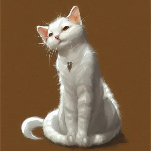 Image similar to A cute heraldic white kitty cat queen posing with one paw raised in the air, D&D, fantasy, intricate, cinematic lighting, highly detailed, digital painting, artstation, concept art, smooth, sharp focus, illustration, art by Akihiko Yoshida, Greg Rutkowski and Alphonse Mucha