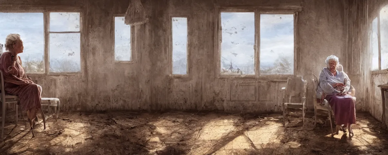 Prompt: a white dirty room, with broken wooden windows, an old woman is sitting on a chair in the middle, golden hour, dust is visible, masterpiece 4k, intricate details, realistic, panoramic view, Hyperdetailed, 8k resolution, photorealistic