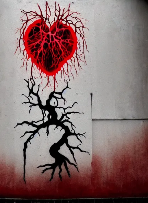 Image similar to graffiti of a dripping anatomical human heart with roots growing above it, sadness, dark ambiance, concept by godfrey blow, banksy, featured on deviantart, sots art, lyco art, artwork, photoillustration, poster art, black and red