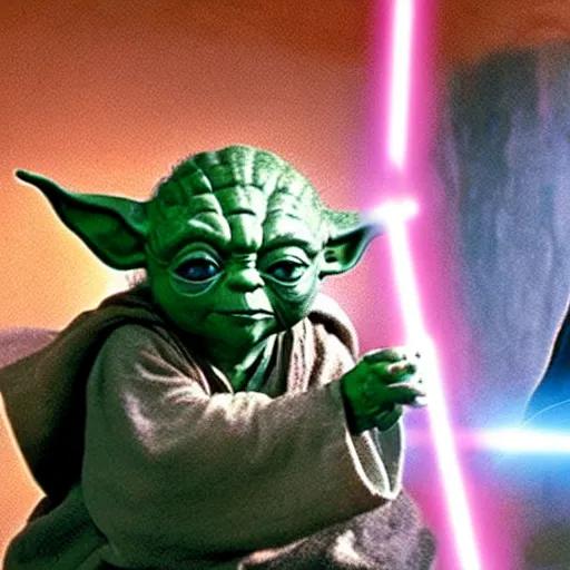 Image similar to Jedi master yoda teaching a kitten how to use a lightsaber