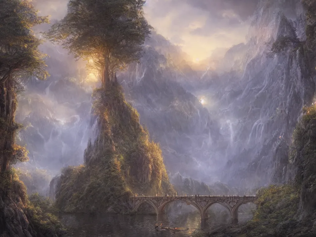 Image similar to Rivendell in the evening, detailed matte painting, cinematic, Alan Lee, Artstation