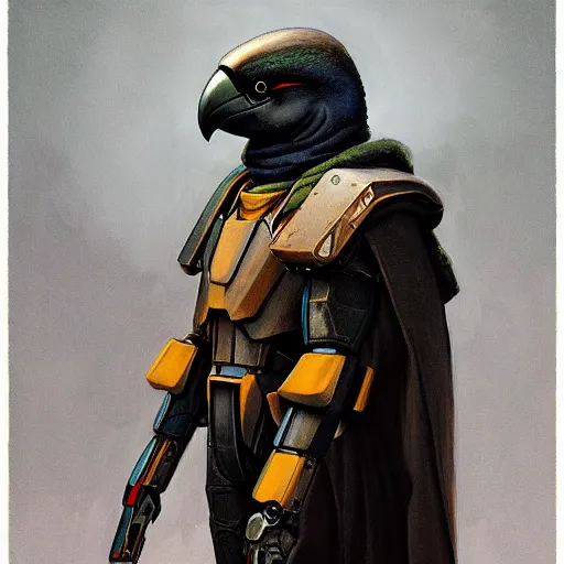 Prompt: gunpla armored kenku, artistically anthropomorphic black bird head. cloaked hood down, science fiction, portrait by donato giancola and greg rutkowski and wayne barlow. top all time r / imaginarycyberpunk.