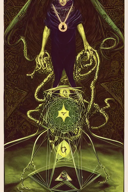 Image similar to A reimagining of the Rider–Waite tarot card The devil, steeped in occult symbols of power and authority, surreal horror motif, control dominion theme, detailed matte painting, digital illustration, global illumination, 8k resolution, face, short leg, long torso, low shoulder, long arm, asymmetric face, beautiful colors, occult symbols hidden, on old amber paper, RPG portrait, dynamic lighting