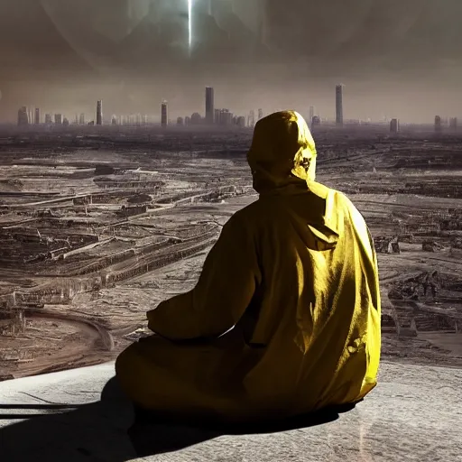 Image similar to a beautiful award-winning photo of the last man on Earth wearing a hazmat suit, sitting, serene post-nuclear background on the horizon, a mirage of a skyline of a destroyed city, numerous fires, volumetric lighting, hazy, a mothership hovering high up in the sky, very high quality, extremely detailed, subtle visual noise, 8K